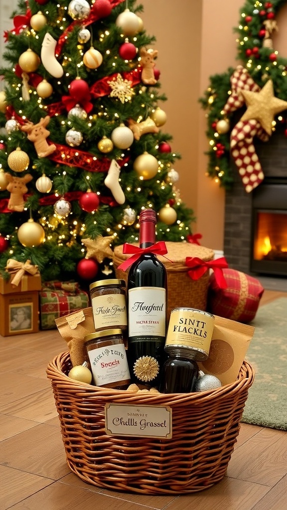 Thoughtful Christmas Gift Ideas for Your Boyfriend A Christmas gift basket with gourmet snacks and wine under a decorated tree.